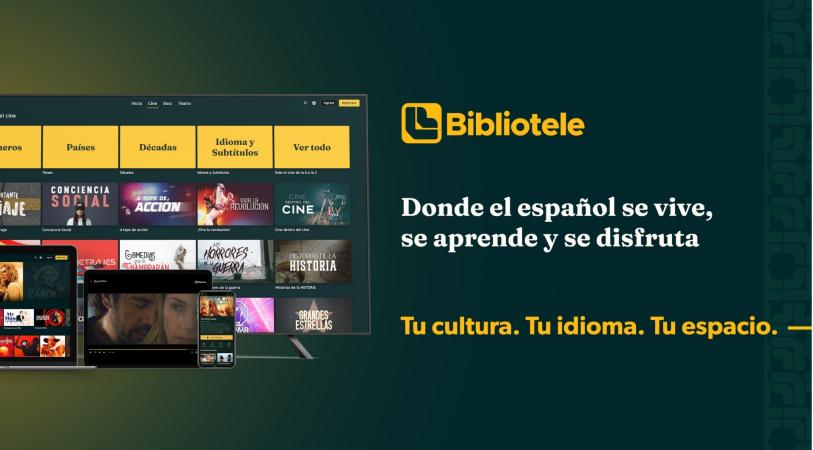 Promotional banner for “Bibliotece”: a green background with a video-library grid on the left and the logo plus Spanish text on the right reading “Donde el español se vive, se aprende y se disfruta” and “Tu cultura. Tu idioma. Tu espacio.”