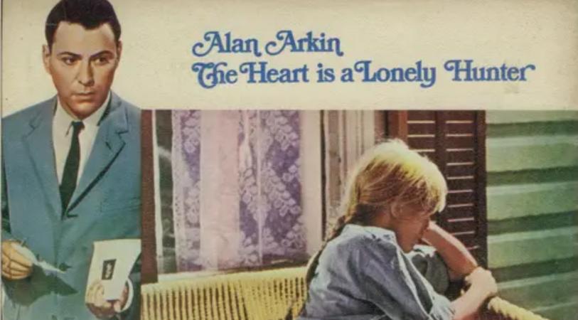 Promotional film poster for “The Heart is a Lonely Hunter” featuring actor Alan Arkin in a suit at left and a woman holding the receiver of a phone at right, with the title text across the top.
